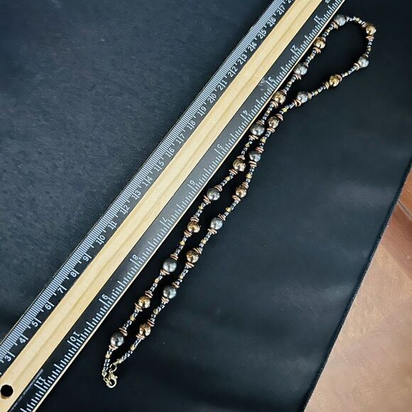 STUNNING Vintage Faux Pearl Black Brown Yellow Tone Beaded Beads Necklace 4021 - Picture 10 of 11
